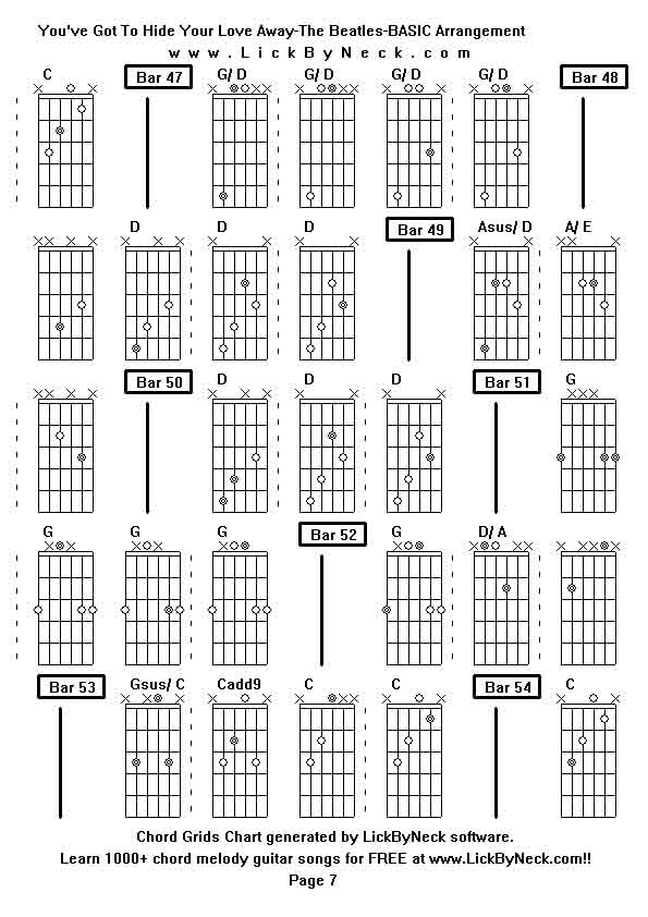 Chord Grids Chart of chord melody fingerstyle guitar song-You've Got To Hide Your Love Away-The Beatles-BASIC Arrangement,generated by LickByNeck software.